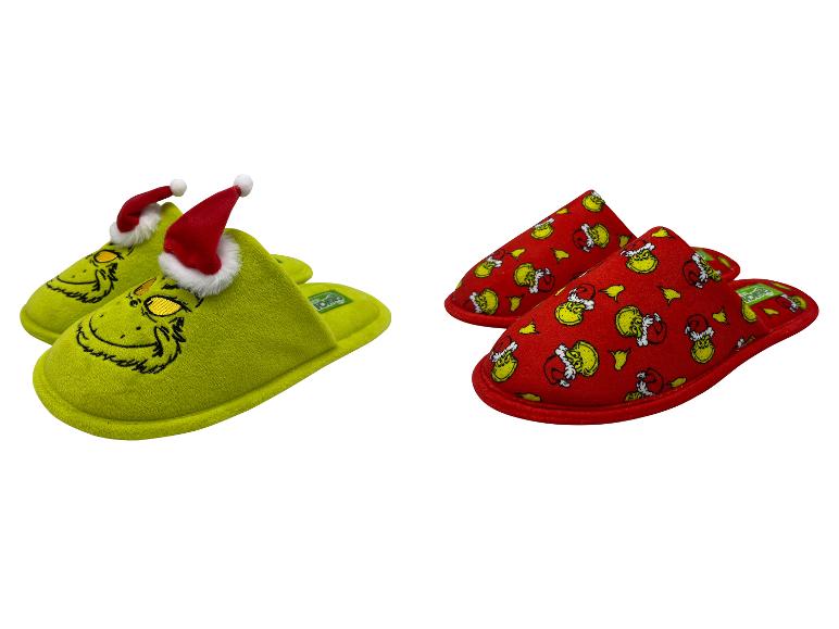 Zielone i czerwone kapcie Grinch z czapkami Mikołaja