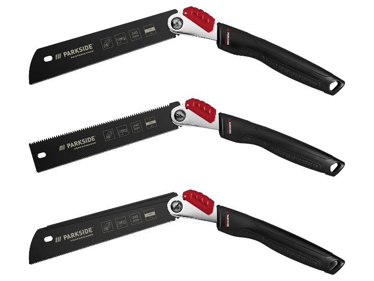 Trzy składane piły Parkside Performance na białym tle.