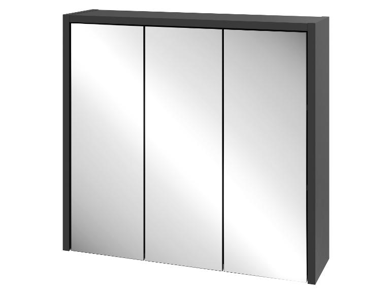 Trzydrzwiowa szafka łazienkowa z lustrami na białym tle.