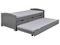 Szare łóżko z wysuwanym łóżkiem i miejscem do przechowywania.