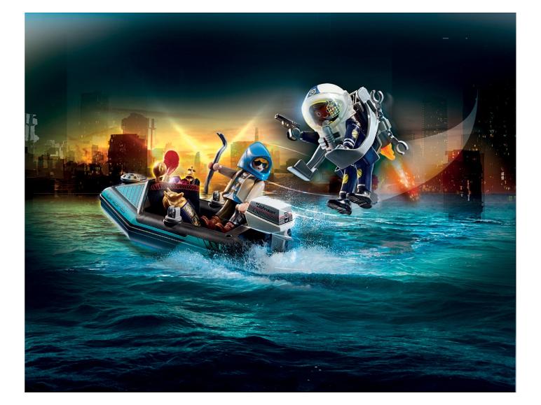 Figurki Playmobil: mężczyzna w motorówce i astronauta z plecakiem odrzutowym nad wodą.