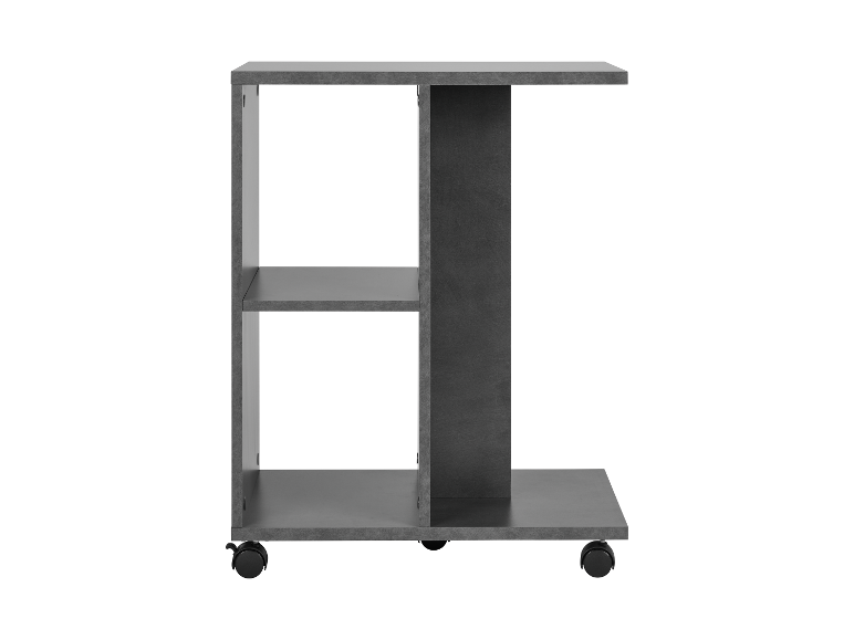 Szary stolik pomocniczy na kółkach z półkami.