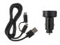 Czarna ładowarka samochodowa z kablem USB i adapterami micro USB
