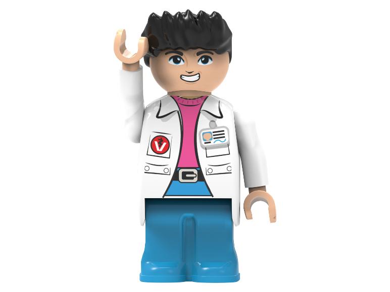 Figurka Lego mężczyzny z czarnymi włosami, okularami, fartuchem laboratoryjnym i niebieskimi spodniami.