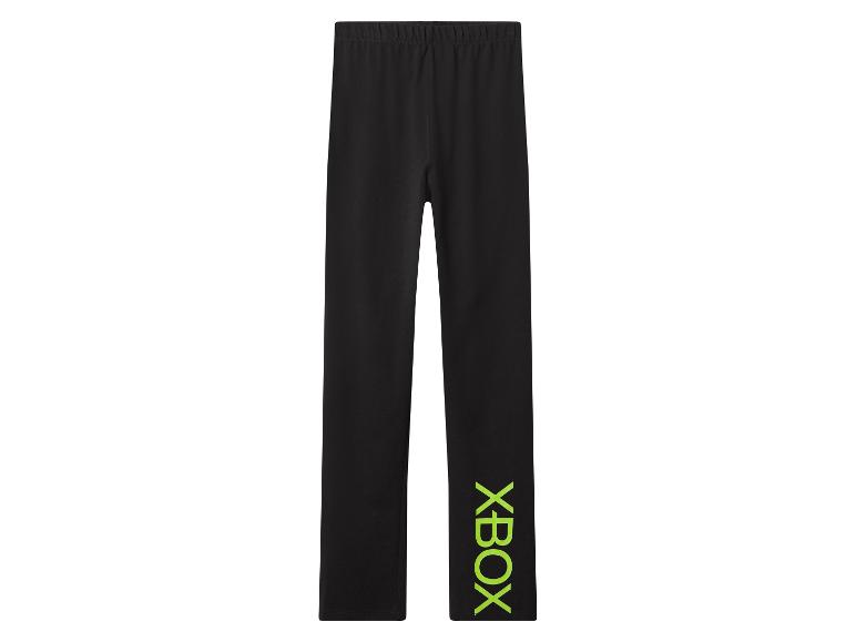 Czarne legginsy dziecięce z zielonym napisem XBOX na nogawce.