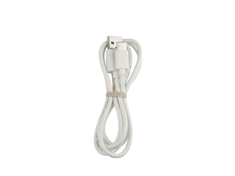 Biały kabel ładujący USB-A do USB-C, związany gumką.