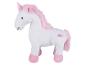Biała pluszowa zabawka jednorożec z różową grzywą, ogonem, rogiem i kopytami, z dwoma haftowanymi sercami.