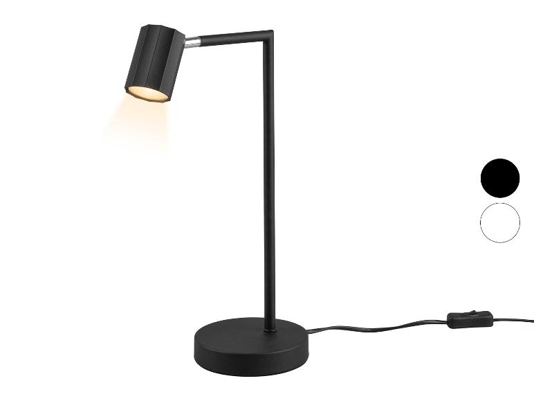 Czarna lampa stołowa LED z regulowaną głowicą i okrągłą podstawą, z włącznikiem na kablu.