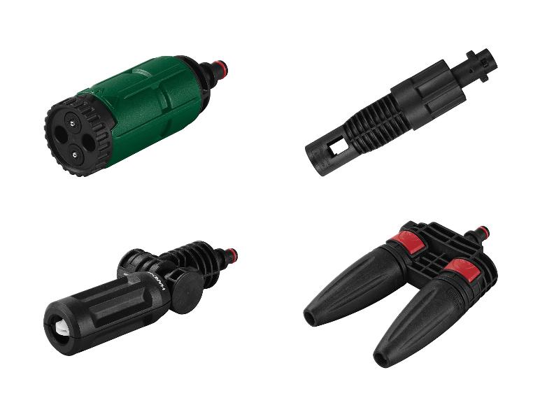 Cztery różne końcówki do węża ogrodowego, w tym zraszacz i rozdzielacz.