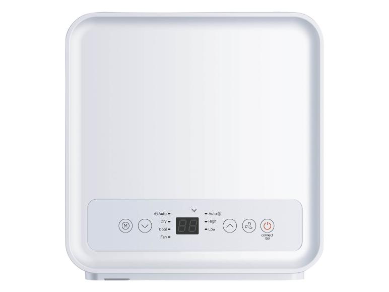 Biały osuszacz powietrza z cyfrowym wyświetlaczem i przyciskami sterującymi trybami i prędkościami.