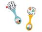 Grzechotki Fisher-Price z niebieskimi i żółtymi uchwytami, z kolorowymi kulkami i wzorami zwierzęcymi.