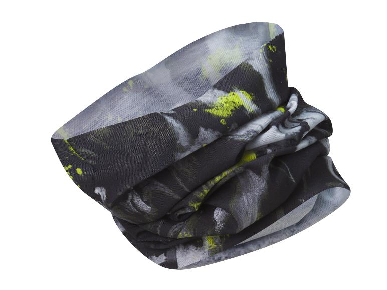 Czarno-szara chusta z zielonymi wzorami.