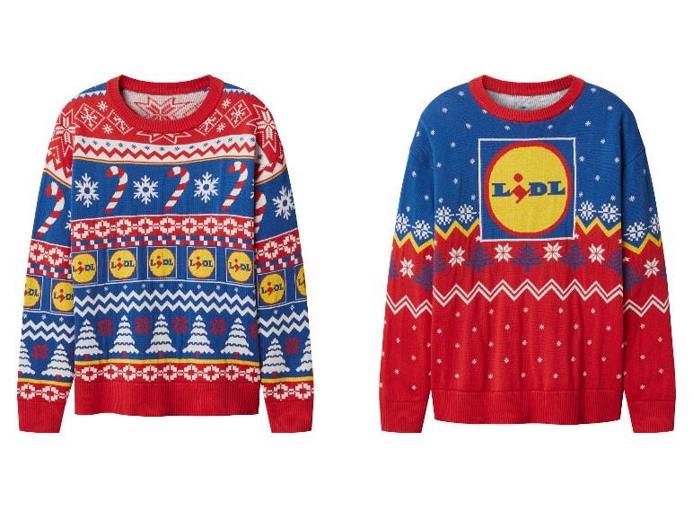 Dwa świąteczne swetry z motywem Lidl, jeden z świątecznymi wzorami i logo, drugi z dużym logo.