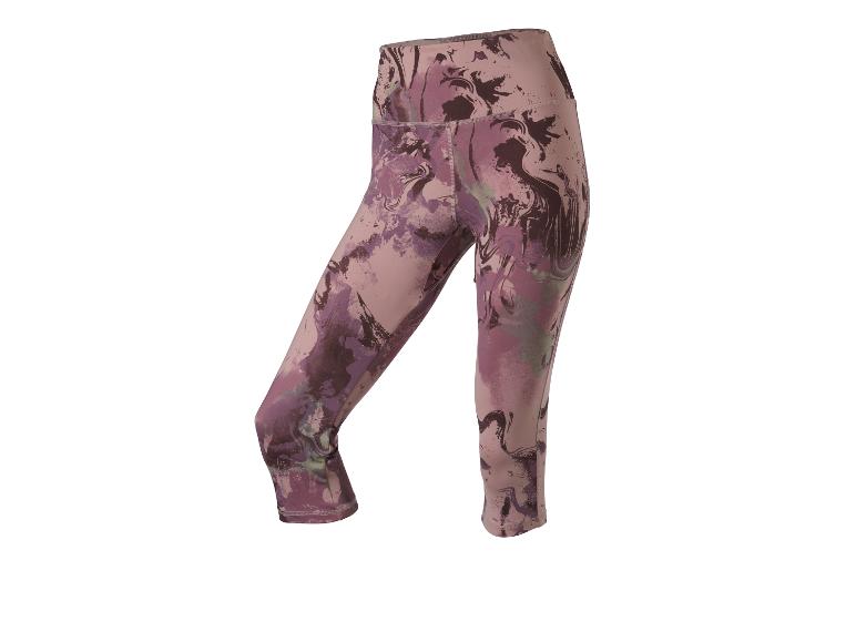 Damskie legginsy capri z abstrakcyjnym wzorem w odcieniach fioletu i brązu.