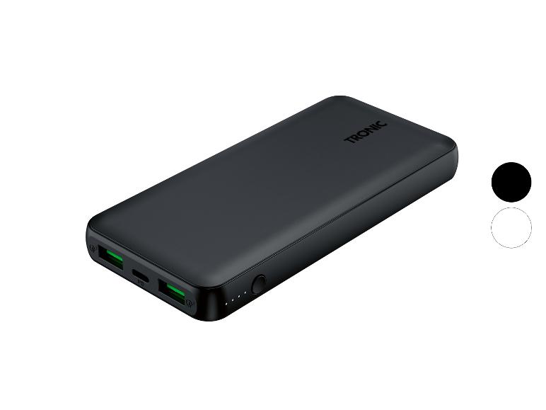 Czarny power bank z portami USB i wskaźnikami ładowania.