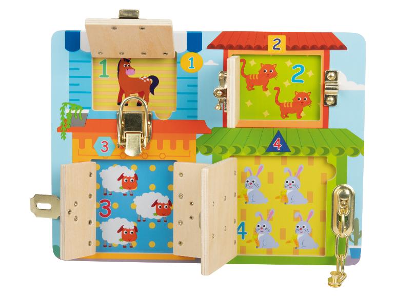 Drewniana tablica do zabawy ze zwierzętami i zamkami dla dzieci