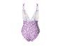 Jednoczęściowy strój kąpielowy w fioletowym wzorze kwiatowym, z detalem koronkowym.