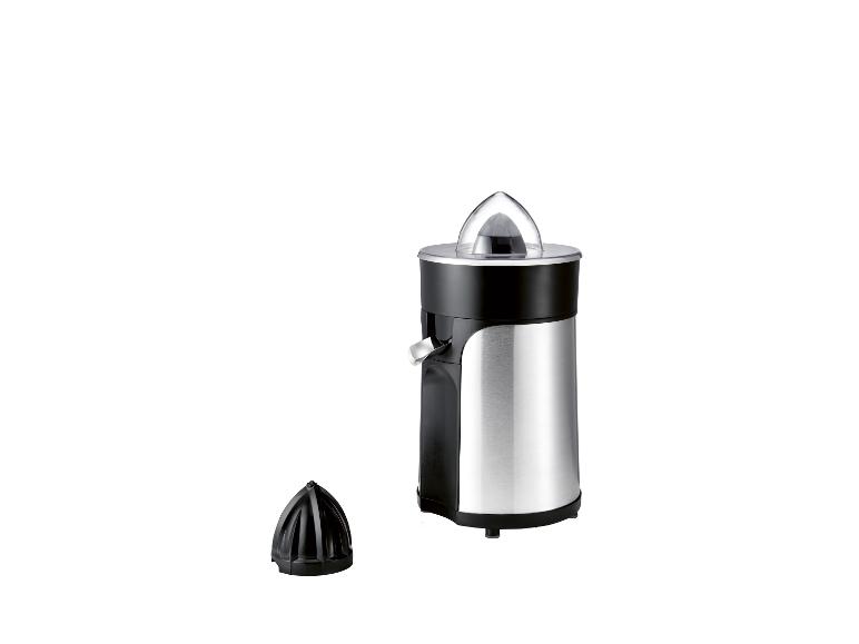 Wyciskarka do cytrusów ze stali nierdzewnej z czarnymi akcentami i odłączanym stożkiem na białym tle.