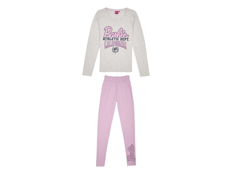 Szary longsleeve z różowym nadrukiem Barbie i pasujące różowe legginsy.