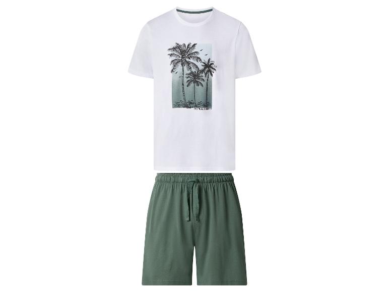 Męski biały T-shirt z nadrukiem palm i zielone szorty, napis 'Tropical Summer'.