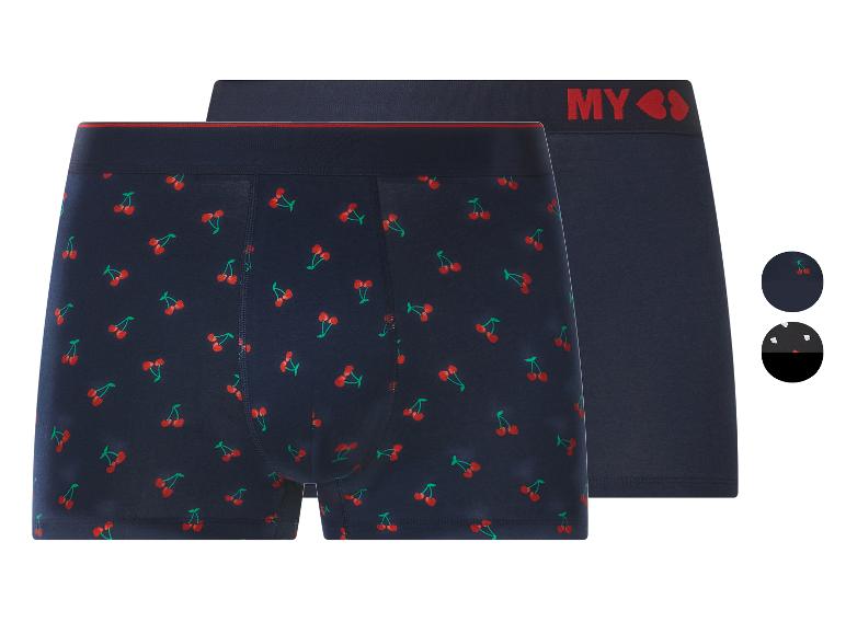 Dwie pary granatowych bokserek, jedne we wzór wiśni, drugie gładkie z logo „MY”.