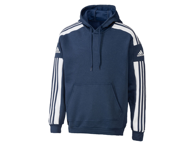 Granatowa bluza z kapturem Adidas z białymi paskami na rękawach.