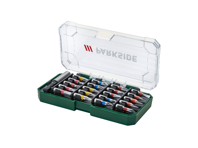 Zestaw bitów do wkrętaka Parkside w plastikowym pudełku.