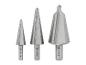 Trzy stożkowe wiertła o różnych średnicach.