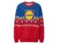 Świąteczny sweter Lidl, niebiesko-czerwony, z logo i płatkami śniegu.