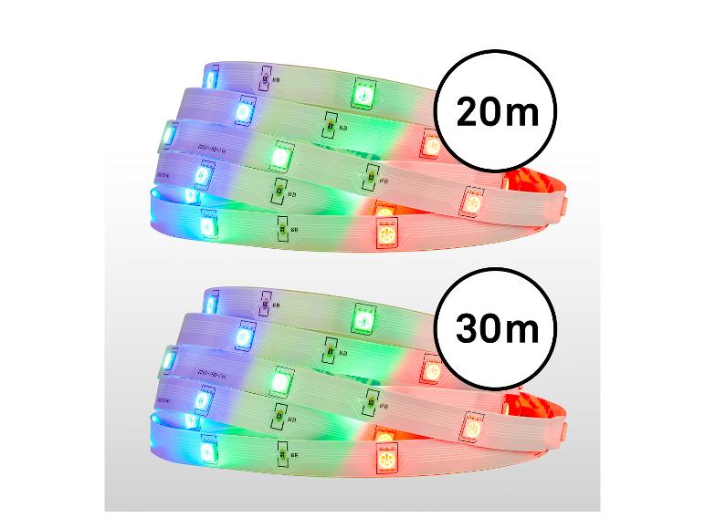 Dwie wielokolorowe taśmy LED, jedna 20m i jedna 30m.