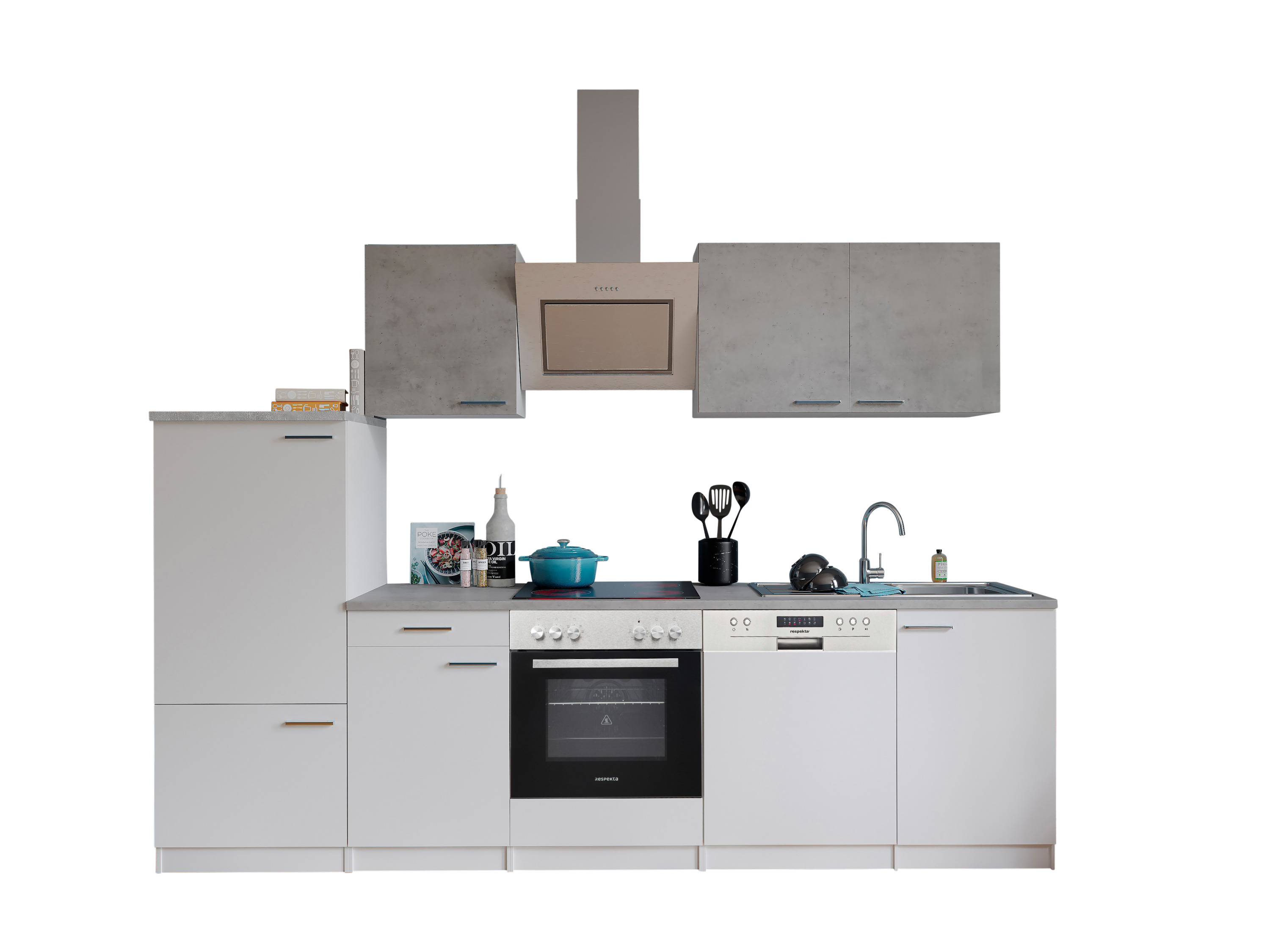 RESPEKTA Kuchnia Malia (Płyta szklano-ceramiczna, GSP, lodówka., Biały/beton, 280 cm)