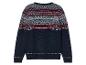 Granatowy sweter z czerwono-białym wzorem w stylu skandynawskim.