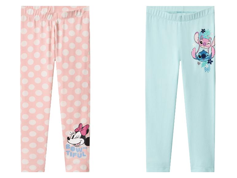 Legginsy dziecięce Minnie Mouse w różowe kropki oraz niebieskie legginsy Stitch i Angel