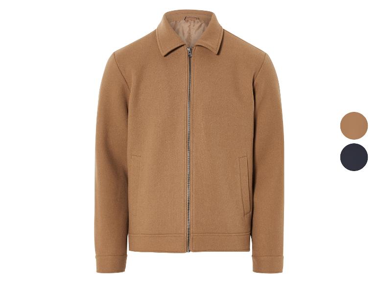 Brązowa wełniana kurtka zapinana na zamek błyskawiczny.
