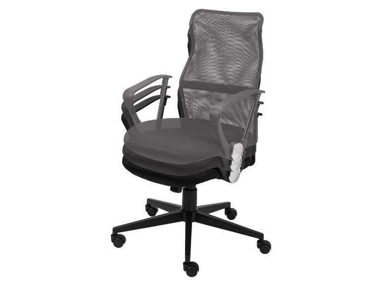Szare, siatkowe ergonomiczne krzesło biurowe na kółkach.