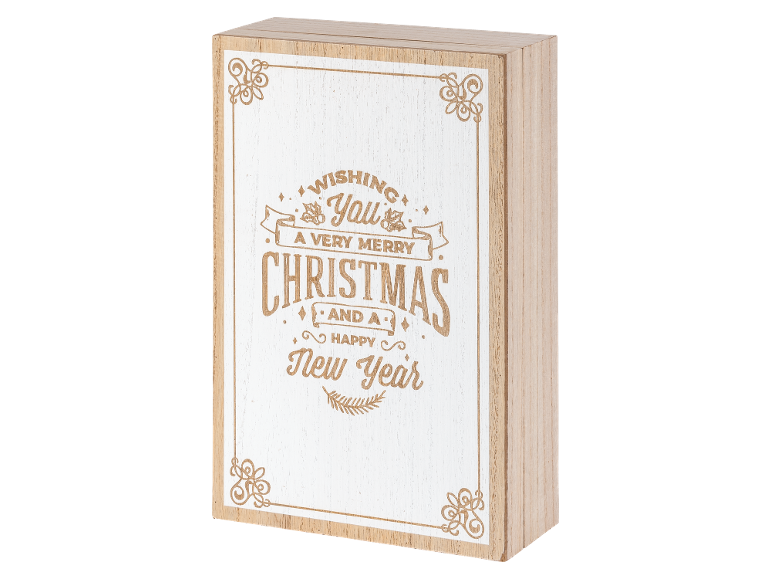Drewniana dekoracja świąteczna z napisem „Wishing You A Very Merry Christmas And A Happy New Year”.