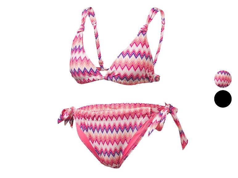Bikini z wzorem zygzak w odcieniach różu, pomarańczu i fioletu.