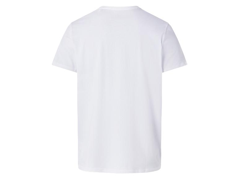 Biała koszulka z krótkim rękawem i okrągłym dekoltem, widok z tyłu.