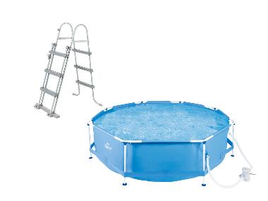 CRIVIT Zestaw Basen na stelażu metalowym, Ø 300 x wys. 76 cm, z pompą filtrującą i z drabinkaą do basenu Flowclear, 107 cm