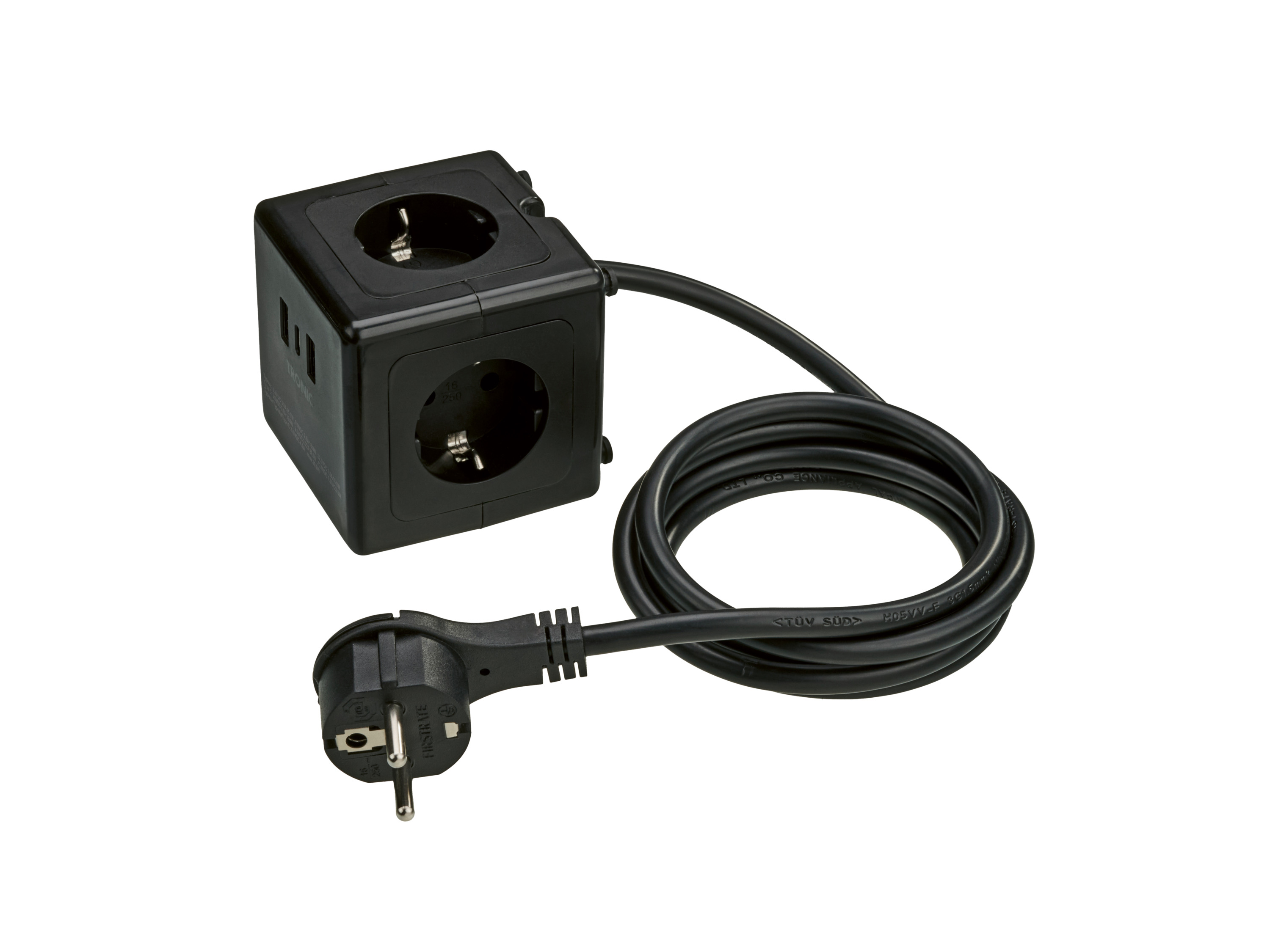 TRONIC® Przedłużacz kostka z portami USB (Czarny)