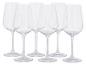 Zestaw sześciu przezroczystych kieliszków do wina na długiej nóżce.