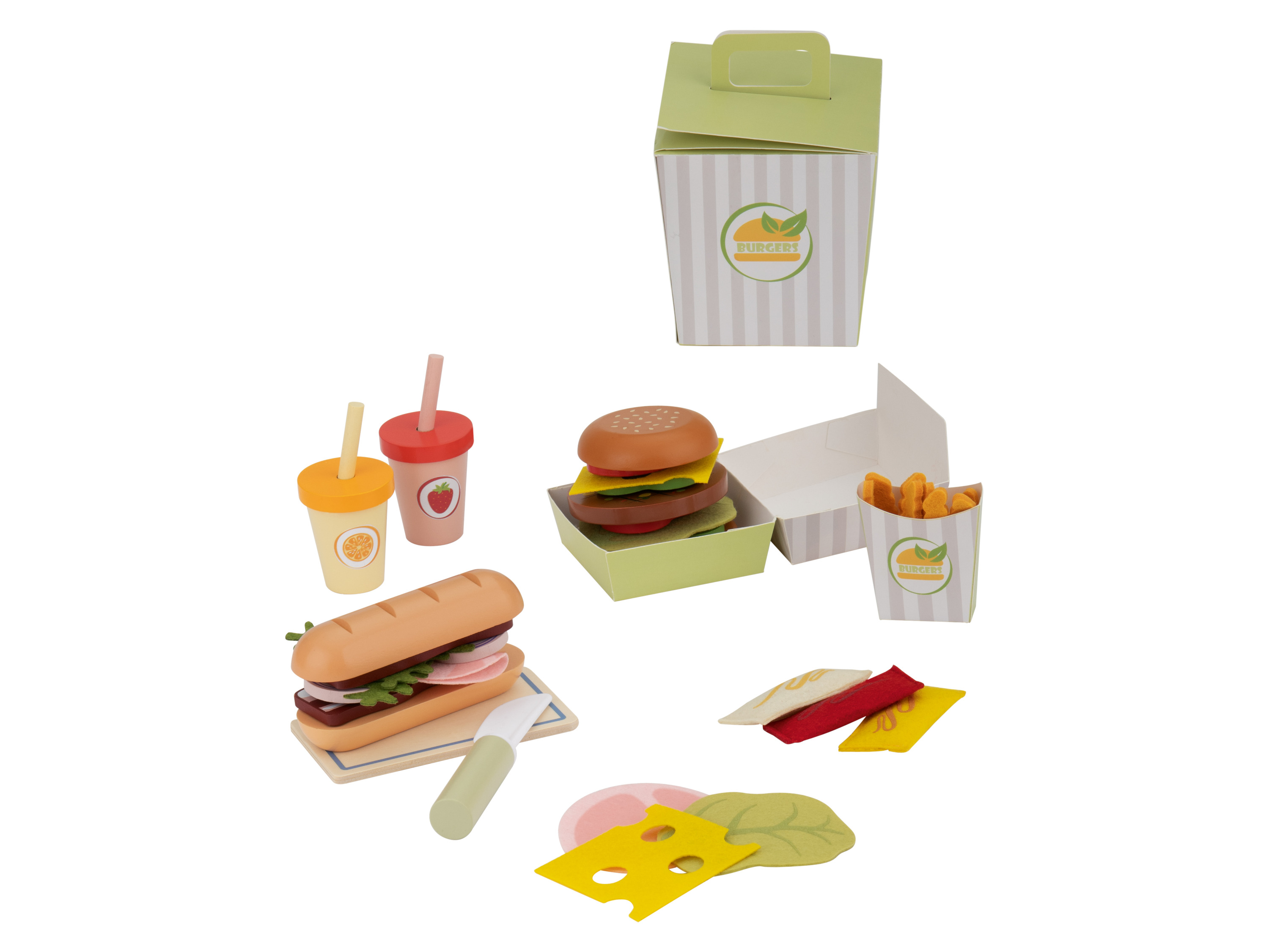 LUPILU® Zestaw drewnianych akcesoriów kuchennych (Burgery / Bagietki)
