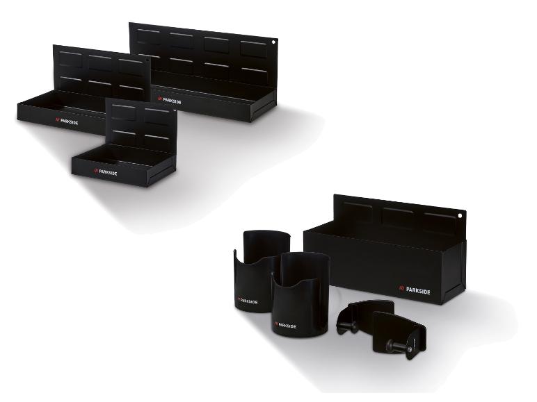 Czarne organizery narzędzi PARKISDE, w tym półki i uchwyty na kubki.