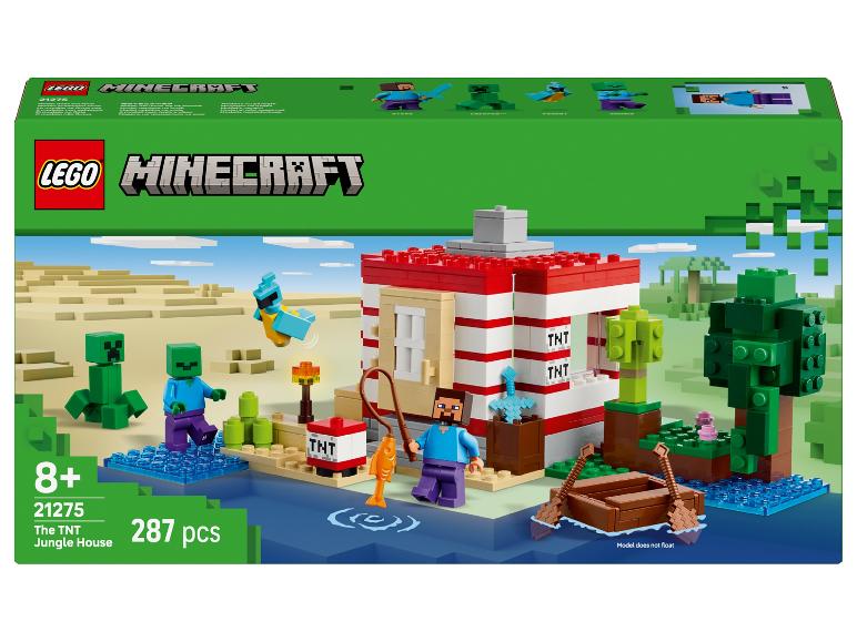 Zestaw konstrukcyjny Minecraft The TNT Jungle House z 287 elementami, figurkami i łodzią.