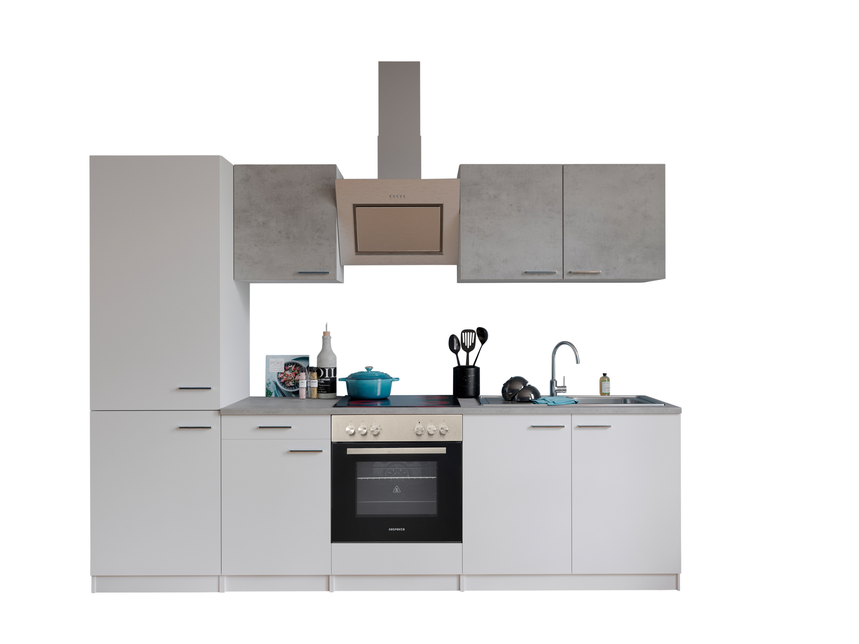 RESPEKTA Kuchnia Malia (Płyta szklano-ceramiczna, lodówka combi, Biały/beton, 270 cm)