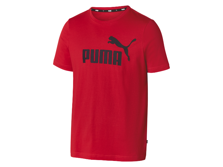 Męska czerwona koszulka Puma z czarnym logo.
