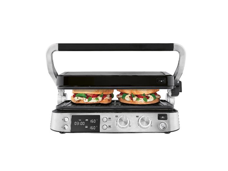 Grill ze stali nierdzewnej z dwoma kanapkami, wyświetlający timer i ustawienia temperatury.