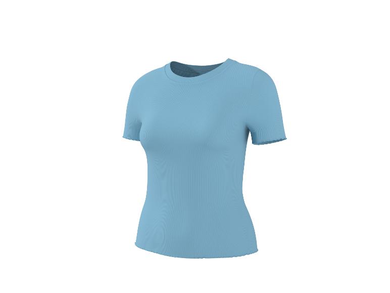 Jasnoniebieski prążkowany t-shirt z krótkimi rękawami i falistym brzegiem.