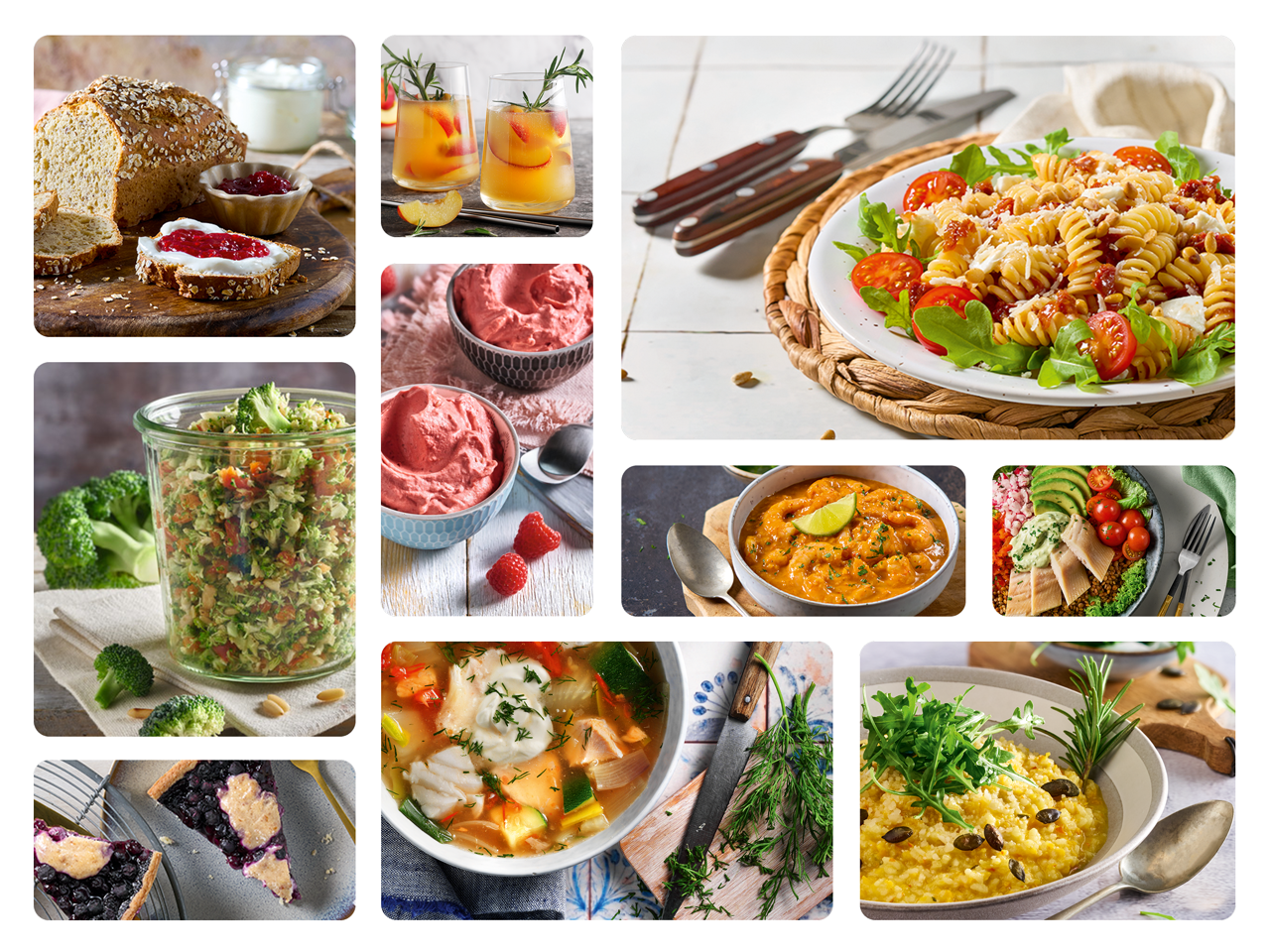 Kolorowy kolaż zdjęć z wieloma apetycznymi potrawami, które można przygotować za pomocą Monsieur Cuisine compact (wygenerowane przez AI)