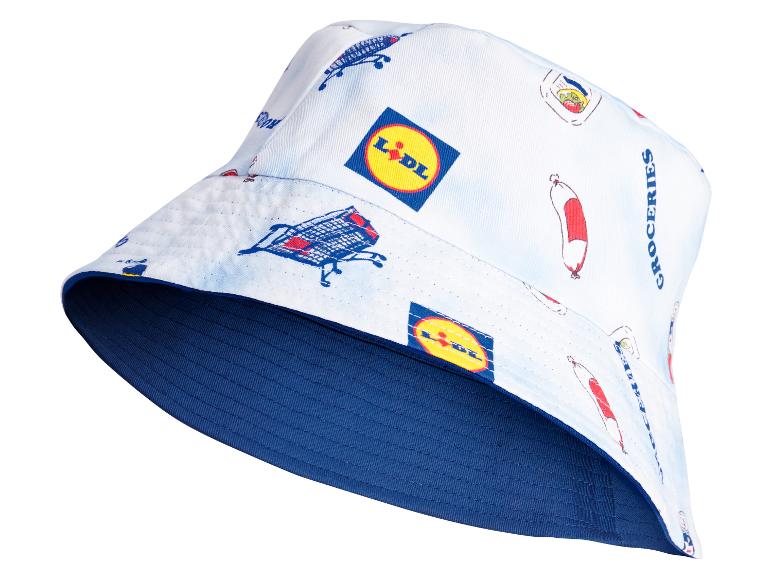 Kapelusz typu bucket Lidl z nadrukiem jedzenia: wózki, kiełbasy i logo.